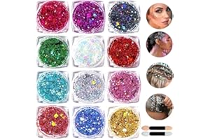BQQCOB Face Glitter Body Glitter Gel - 12Pcs Festival Glitter for Face - Eyeshadow Hair Sequins for Makeup - Chunky Glitter for Festivals, Parties, Raves - Brightly Coloured Festive Accessories
