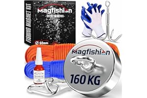 MAGFISHION Calamita Potente - Set di Magnete da Pesca - Forza di Trazione 160KG - Ø60mm - Magneti al Neodimio - Calamite Potenti con 2 Corde, Grappino & Guanti - Magnet Fishing
