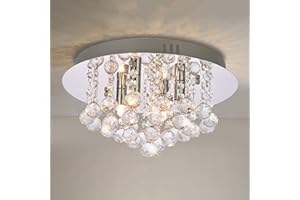 A1A9 Modern Flush Mount Kristallleuchter, K9 Crystal Droplet Runde Chrom Deckenleuchten, Elegante LED Pendelleuchte Leuchte für Wohnzimmer, Esszimmer, Schlafzimmer, Lounge D35cm (4 Lichter)