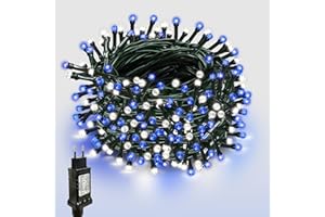 WISD Luci di Natale - 200 LED 13M Catena luminosa per esterni e interni con cavo verde, timer e funzione di memoria - Decorazioni per albero di Natale con 12 Modalità, giardino e party(Blu+ Bianco)