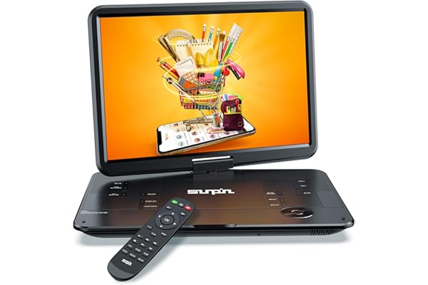 SUNPIN Lecteur DVD Portable 17.9" avec écran HD pivotant 15,6 Pouces, Haut-parleurs stéréo&Double Prise Casque, Batterie Rechargeable 6 Heures, Soutien Sync TV/USB/SD Card, Noir