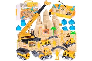 Thedttoy Arena Mágica y Cinética para Niños, Sitio de Construcción Caja con 2KG Arena Magica, Grúa Juguete, Mini VehÍculos&Moldes de Arena, Juguetes Sensoriales Juego de Arena Regalo para Niños Niñas