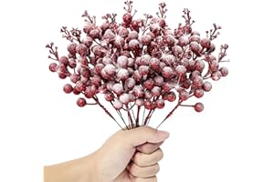 Kunjocy 12 Pcs Snowy Christmas Glitter Berries Stems, Frosted Christmas Berries Decorations Artificial Christmas Berries Picks for Christmas Wreath Garland Xmas Tree Ornament (Red)