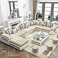 Ripple FURNITURE U Shape 9 Seater Modern Interchangeable Fabric Sofa Set with 4 Puffy (Left, Beige & White)