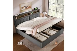 Kehun Polsterbett Doppelbett 140x200, Stauraumbett mit Kopfteil-USB C und Stauraum, Hydraulisches Bett Bettgestell mit Lattenrost aus Holz und Bettkasten, Leinen, Grau, Ohne Matratze