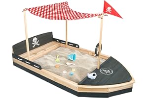 BALINCO Piaskownica z drewna statek piracki | łódź | żaglówka | piaskownica | piaskownica z czerwonym żaglem przeciwsłonecznym i flagą, osłona, plandeka podłogowa z włókniny, sznurek, maszt flagowy i koło