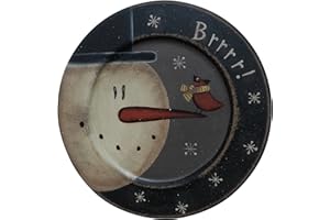 CVHOMEDECO. Primitive Vintage Hand Painted Decorative Wood Plate Brrrr Snowman and Little Bird Wooden Plate Home Décor Art, 8.5 Inch