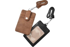 Irich 2Pcs Porte-badge avec Lanière, Badge D'identification en Cuir Titulaires de Carte Badges Transparent pour Protection Carte de Visite, Carte d'étudiants et Carte Bus(Brun et Noir)