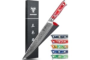SANMUZUO Couteau à Trancher 23 cm, Couteaux de Cuisinede Chef Japonais Couteau à découper - Acier de Damas et Manche en Résine - Série Xuan(Rouge Coucher de Soleil)
