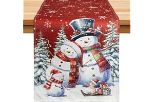 BOOMTOP Camino Mesa Navidad, Camino de Mesa de Lino de Decoración de Navidad, Camino de Mesa de Rojo de Muñeco de Nieve, Mantal de Mesa de Navidad, Decoración Fiesta Interior y Exterior Mesa Navidad