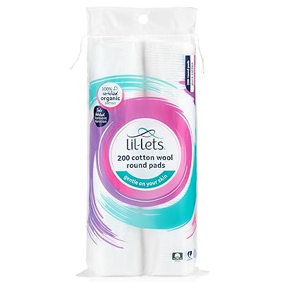 Lil-Lets Cotton Wool Round Pads, 200 Count, Certified Organic, 100% Pure Cotton Wool, Soft and...