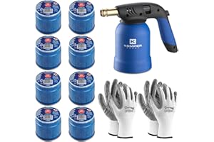 HYTAMA TOOLS Kemper Lampe à souder + 8 bouteilles de gaz butane sûres + 2 gants gratuits | Briquet professionnel pour bricolage, barbecue, désherbage, soudage léger