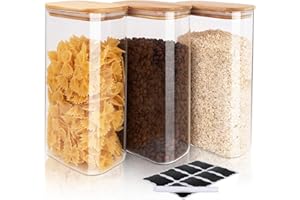 FoiiLiio 1,7 L Rectángulo Tarros de Cristal con Tapa Hermético Juego de 3 Botes de Cristal con Tapa de Bambu Botes Cristal Cocina Almacenaje para Cereales Judías Avena - Φ12x8x20cm