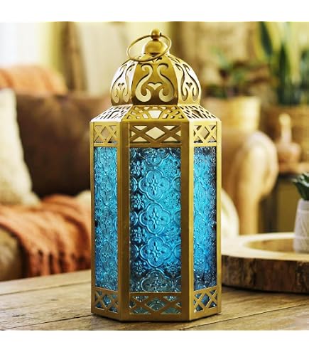 Portavelas Decorativo Marroquí Extra Grande Color Cobalto - Para Interior O Exterior, Bodas, Fiestas Y Ramadán