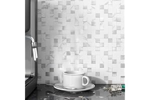 BeNice Square Mosaic Tile Stickers Kitchen Self-Adhesive Splashback,Stick on Bathroom Tiles Waterproof Peel and Stick Wall Tiles(10sheets,White)