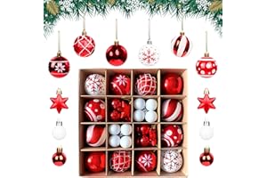 AWCIGG® Zestaw 42 bombek choinkowych z tworzywa sztucznego, kolor czerwony, biały, ozdoby choinkowe z zawieszką, odporne na pękanie, plastikowe bombki choinkowe, dekoracja bożonarodzeniowa