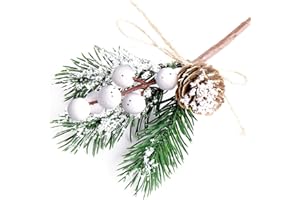 ‎FUTERLY 8 Stück weiße Weihnachtsbeeren Tannenzapfen zum Basteln - Weihnachtsbaumspieße, immergrüne künstliche Tannenzweige, Stechpalmen-Stiel für Weihnachtsgirlanden-Dekor, Geschenkverpackungsverzierung