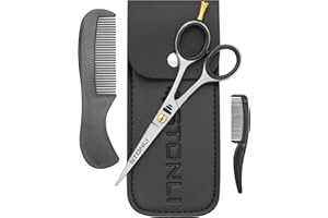 STONLI® 5" Beard & Moustache Scissors - Nose, Ear & Eyebrow Hair Scissors - Comb & Pouch (Silver)