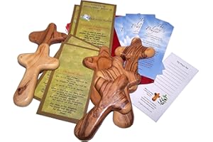 HOLY LAND MARKET Six Olive wood Comfort Crosses with Velvet bags & Lord's Prayer card - The Holding or Hand Cross (4 inches) - Large