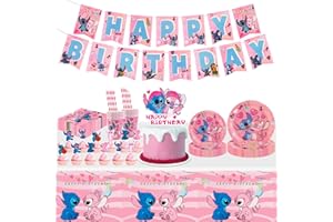 Dekewe 94PCS Party Tableware Stitch Birthday Decorations with Party Plates Cups and Napkins Banner Cake Topper, Party Decorations Party Supplies for Kids Boys Girls, 10 Guests, Pink