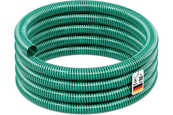 Wiltec Tuyau d'aspiration vert – 5 m/Ø 38 mm (1 1/2") / 350 g/m – avec Spirale de renforcement – Tube à pression souple en PVC – pour Arrosage Irrigation Jardinage Évacuation Refoulement