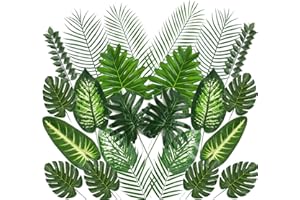 QAQGEAR 24 szt. 10 rodzajów sztucznych liści palmowych, tropikalna roślina, sztuczne liście, sztuczne liście ze sztucznymi łodygami, do hawajskiego Luau Aloha, dżungli, plaży, na urodziny, imprezę