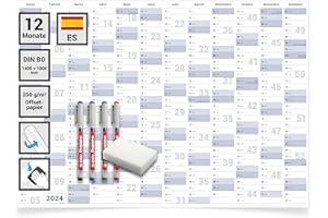 Gigatime Din B0 1 calendario mural/anual 2024 Formato: 140,0 x 100,0 cm, azul/gris, lavable con agua con 4 rotuladores no permanentes con esponja - Español