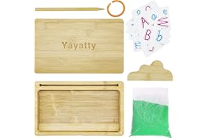 Yayatty Montessori Plateau de sable, Bacs à Bois Montessori avec Couvercle, Table Éducative Jouet avec Vert sable, Stylo, Carte pour Ecriture Lettres et Chiffres, Dessin