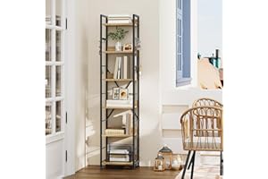 YITAHOME Bookcase 6 Tiers, Floor Standing Book Shelf with 4 Hooks, Wooden Shelf and Metal Frame Book Rack Industrial Tall Shelf Unit Storage for Living Room, Home Office, Oak Color Bookshelf