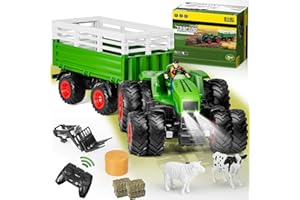 Orvyna RC Telecommandé Tracteur Enfant 2-8 Ans, Véhicules de Agricole Tracteur Jouet avec Lumière, Remorque, Levage, Vache, Mouton et Balle de Foin, Cadeau de Jouets Agricoles pour garçons et Enfants