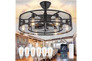 ‎DINGLILIGHTING Caged Deckenventilator mit Licht: 26" Bauernhaus Kronleuchter mit Licht und Fernbedienung APP Control - Schwarz Leise DC Motor Rustic Kronleuchter mit Ventilator für Bedroon Küche Wohnzimmer Esszimmer