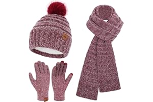 Bequemer Laden Womens Winter Hats Scarf Gloves Set, Warm Fleece Lined Beanie with Pom Poms Long Scarves Touchscreen Gloves for Women Cold Weather Gifts