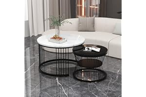 ModernLuxe 2-in-1 Coffee Table, Round Nest of Tables, Multi-functional Side Table with Black Metal Frame Legs and Marble Pattern Top, Nesting Tables for Living Room Bedroom Office, Black and White