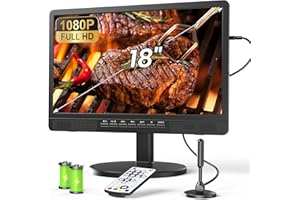 Desobry 18 pollici TV portatile con antenna, Mini TV LCD con sintonizzatore DVB/T2, 12V televisione ricaricabile 6000mAh con supporto rotondo per campeggio all'aperto, camera da letto, cucina