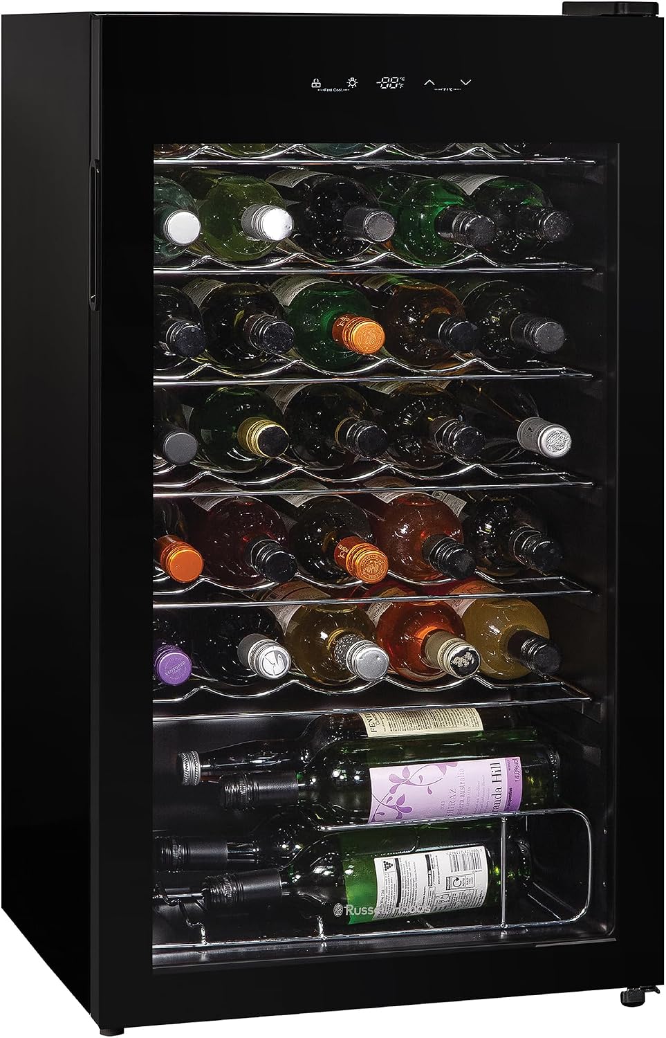 Russell Hobbs Undercounter Fridge 93 Litre/34 Bottle Freestanding Wine & Drinks Fridge Beer in Black LED Light, Drinks & Snacks Glass Door, Energy Efficient, 2 Year Guarantee RH34WC101B