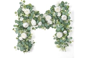 SOMYTING Lot de 2 guirlandes de fleurs d'eucalyptus artificielles de 4 m avec guirlande de fleurs blanches pour décoration de mariage, toile de fond de table, centre de table, décoration de chambre