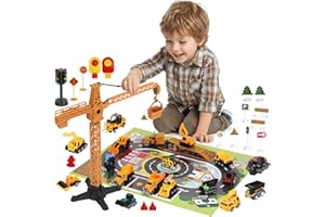 CXCOSRY Calendario de Adviento de construcción 2025 para niños: 24 coches de juguete técnicos, camión de bomberos, hormigonera, SUV, señales de tráfico, juguetes educativos para niños de 1 a 6 años