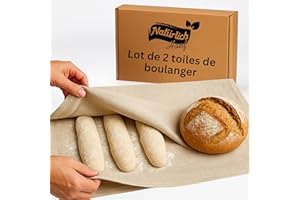 Natürlich Hanf Toile de Lin Boulangerie 2 pièces | Toile de Lin 100% Chanvre Naturelle | Extra Grande (120x70cm) | Toile de Pousse Durable pour Pain et Baguette | Lavable et Robuste