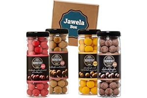 Lakritzkugeln mit Schokolade Nordthy Probierset 4 x 300g - Starklakritz, Karamell-Meersalz, Himbeere, Passionsfrucht - Jawela Mix Box - Probierpaket - Gourmet-Lakritz-Kugeln - Geschenk