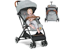 GYMAX Baby Foldable Stroller, Adjustable Backrest Pushchair with Safety Belt, Storage Basket, Leather Handle and Lockable Wheels,for 0-3 Years Olds Infant Kids (Grey)
