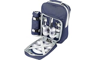 Greenfield Collection 2 Person Cooler Bag Picnic Set Rucksack; Lightweight Picnic Backpack Hamper; Includes Cutlery Set; Perfect Waterproof Coolbag Backpack for Camping/BBQ/Hiking - Blue