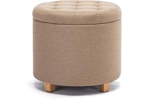 HNNHOME® - Otomana de almacenamiento de lino acolchada redonda de 45 cm, taburete puf con almacenamiento (beige)