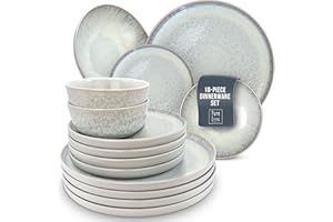 PURE LIVING INTERIOR DESIGN 18 Piece Dinner Sets for 6 People - Beautiful Mediterranean Style Stoneware Dinner Set for 6 - Dishwasher & Microwave Safe Plates and Bowls Set for 6 - Dinnerware Sets by Pure Living in Beige