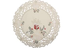 Quinnyshop Bezaubernder Weihnachten Mitteldecke/Tischläufer Creme-Weiß mit Rot Kerzen Glocken Stickerei - Größe wählbar (ca. 60 cm Rund)