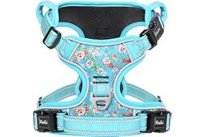 HEELE Hundegeschirr, Anti Zug Hundegeschirr, Hundegeschirr Grosse Hunde, Weich Atmungsaktiv Einstellbar Reflektierend Hundegeschirr mit Gepolstert Griff, 3 Schnallen, Geblümt-Himmelblau, XL