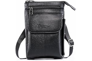 Hengwin Wielofunkcyjna torba z prawdziwej skóry z zamkiem błyskawicznym dla mężczyzn w stylu vintage, torba na ramię, na pasek, telefon, kabura do podróży, aktywności na świeżym powietrzu (Czarny)