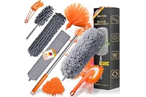 Swetfela 9 Pièces Plumeau Telescopique,Tete de Loup Telescopique Longueur 256cm,Plumeau Poussiere Lavable,Plumeau Poussiere Telescopique pour Toile D'Araignéeventilateur de Plafond(Orange+Gris)