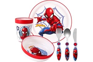 ZAWADI GLOBAL Spiderman Kids 6 Piece Reusable Dinner Set - Plate/Bowl/Cup/Knife/Fork/Spoon - Childrens Dinnerware Tableware Cutlery Set