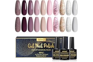 INPING Esmaltes Semipermanentes, 10 Color Rosa Desnudo Glitter Serie Pintauñas Gel, Rojo Borgoña Marrón Rosa Natural Gris Blanco Esmalte Semipermanente UV LED para Principiantes Manicura Kit