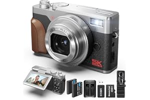 NBD Cámara Digital de 64MP con Capacidad de Vlogging en 5K, Pantalla Plegable de 180°, Zoom de 18X - Cámara Compacta Point-and-Shoot para Principiantes, Incluye Tarjeta SD de 32GB y 2 Baterías (Plateado)